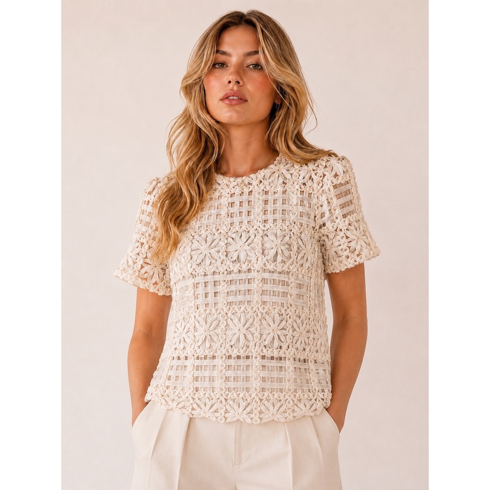 NWOT Adrianna Papell Ivory‎ Ribbon Lace Crop Top M Romantic Coquette